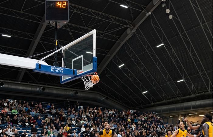 DT-SPORT 3x24s shot clocks in Schelde Sports´ Super Sam 325 Pro backstop