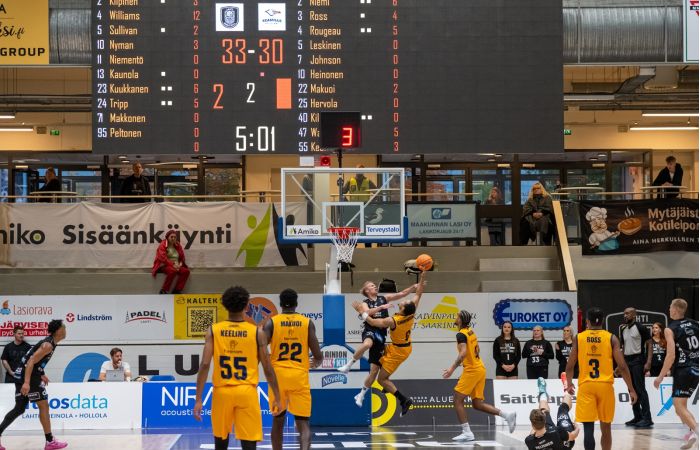 DT-SPORT VIDEO PRO LED screen scoreboard system in basketball league match in Lahti